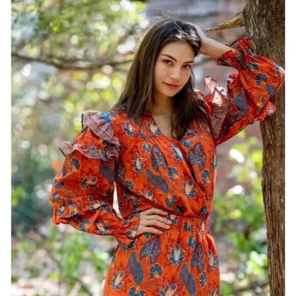 Bindu Sabrina Floral Cotton Ruffle Balloon Long Sleeves Blouse Top Shirt XS Boho - Picture 2 of 14